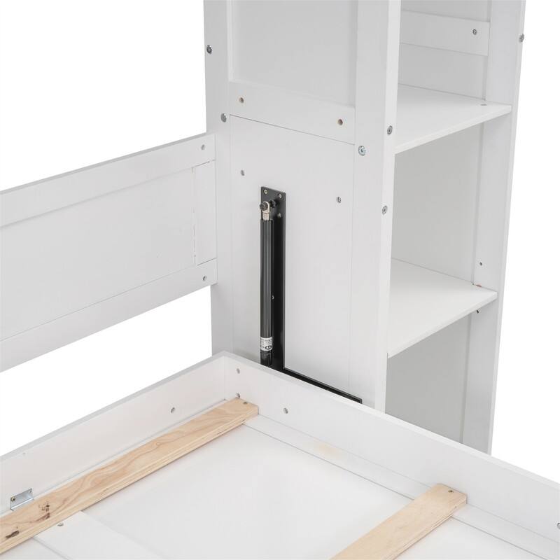 Solid Wood Murphy Wall Bed w/ LED Lights & Open Storage Shelves, Full/Queen Size Folding Murphy Cabinet Bed, Space Saving Design