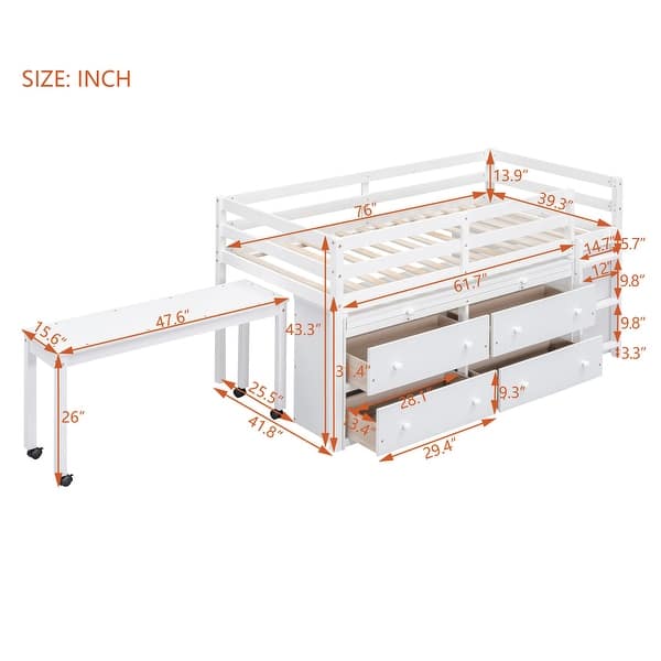 dimension image slide 2 of 4, Twin/Full Size Low Loft Bed with Retractable Writing Desk and 4 Drawers, Wooden Loft Bed Frame w/ Lateral Portable Desk & Ladder