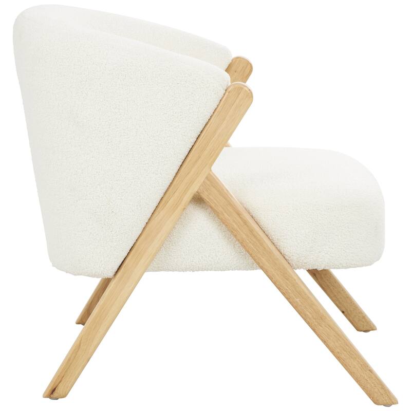 White Polyester Rounded Boucle Living Room Accent Chair with Angled Wooden Legs