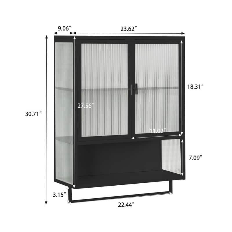 23.62" Modern Fluted Glass Wall Cabinet with Two Doors, Open Shelf & Towel Rack