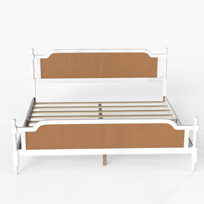Wooden Platform Bed Bed Frame w/Hand-Woven Rattan Headboard & Footboard, Boho and Mid Century Style Bed Frame, Solid Pine Wood