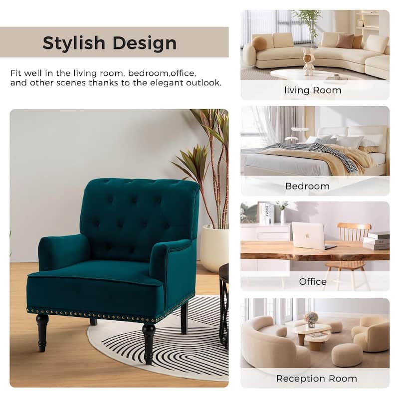 Geltrude Transitional Upholstered Button Tufted Club Chair with turned wooden Legs by HULALA HOME