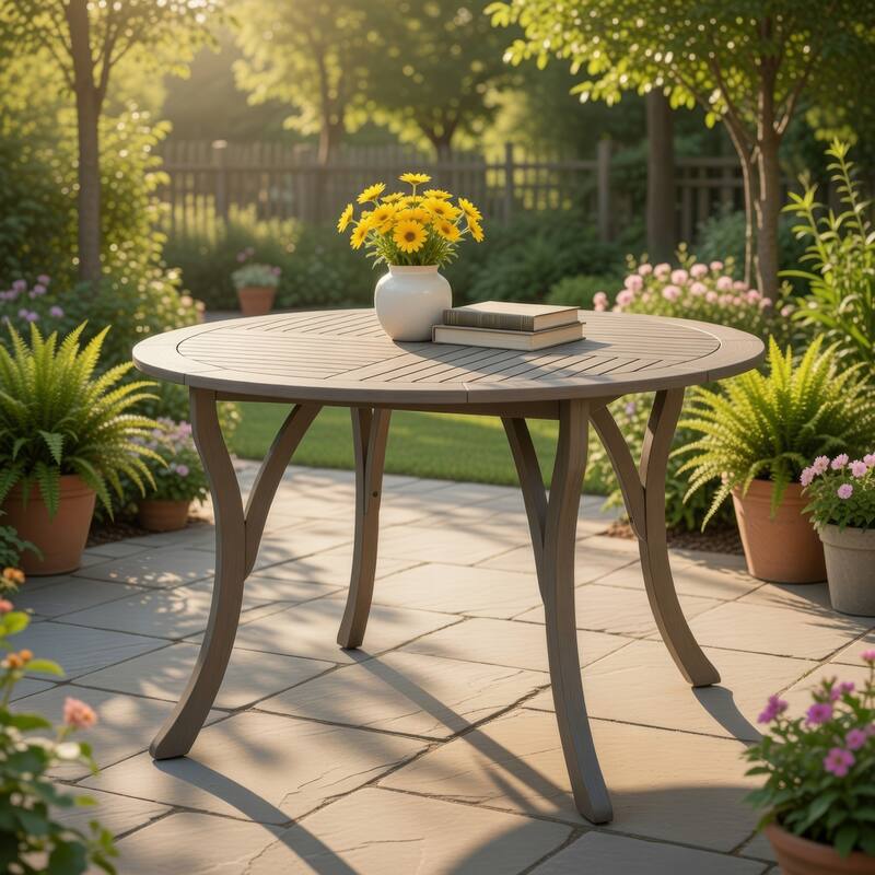 Olen Outdoor Round Dining Table, Curved Legs, Gray Acacia Wood 47 Inch