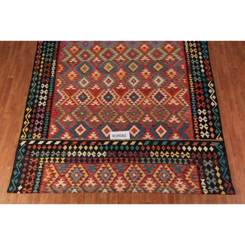 Geometric Kilim Area Rug Hand-Woven Oriental Wool Carpet - 8'5"x 11'4"