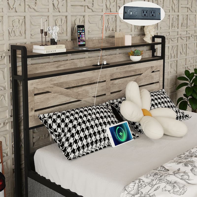 Full Size Bed Frame with Storage Headboard and 12 Drawers, LED Lights, Metal Platform Bed No Box Spring