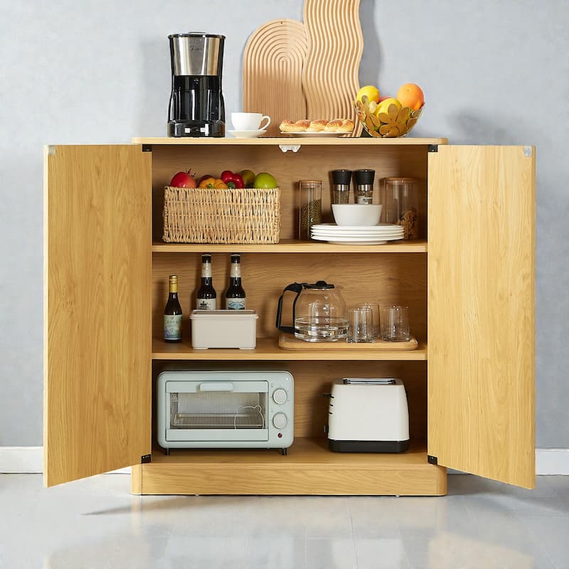 31.5 Inch Modern Wavy Sideboard Cabinet, 2 Door Curved Storage Console with Wood Grain Top - Natural