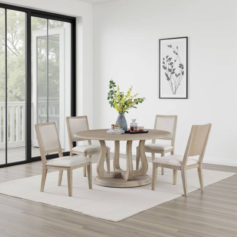 Eva Round Dining Table, Pedestal Base, White Washed Brown Wood 60 Inch