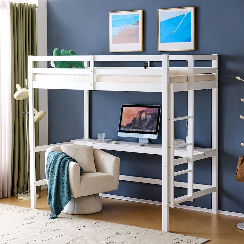 Wood Loft Bed with Desk Twin Size with RGB LED for Adults, 2 Charging Station