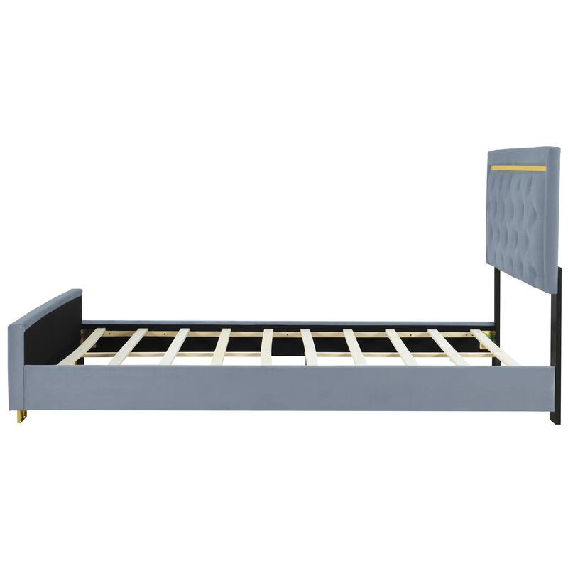 Velvet Upholstered Platform Bed With Pull Point Headboard And Metal Wire Frame