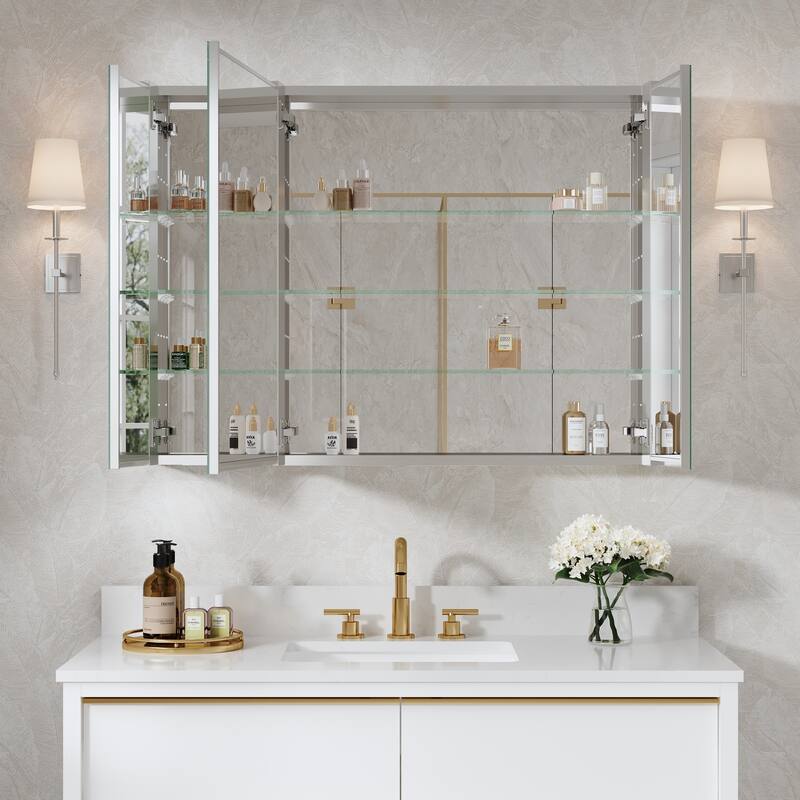 Recessed or Surface Wall Mount Bathroom Medicine Cabinet With Adjustable Glass Shelves