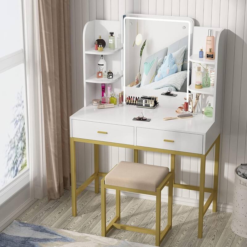 Makeup Vanity Dressing Table with LED Lights, Storage Shelves, Cushioned Stool & 2 Drawers