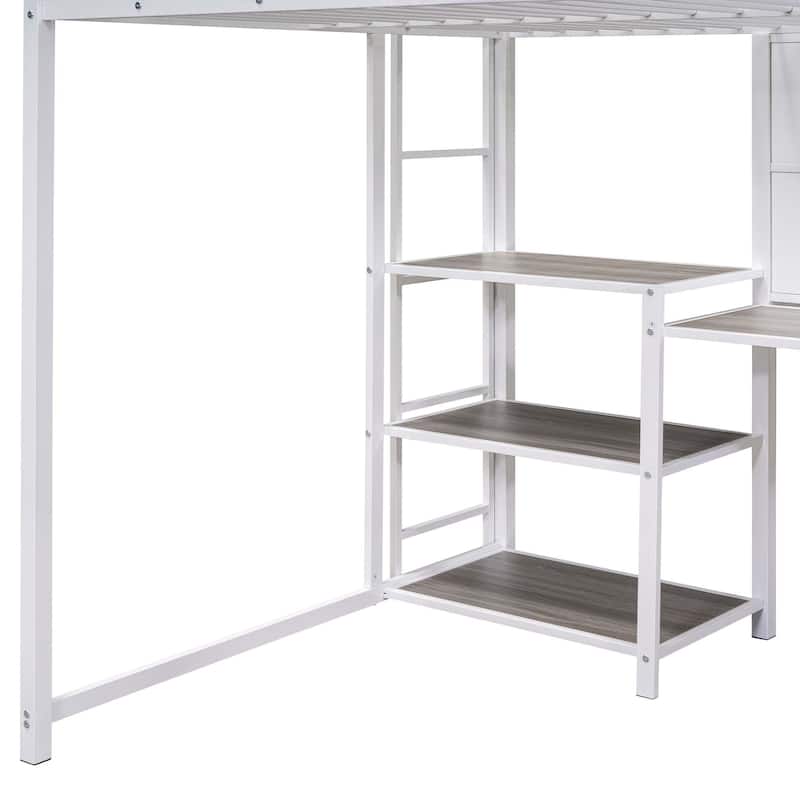 Metal Loft Bed with Shelves, Desk, Whiteboard & Ladder