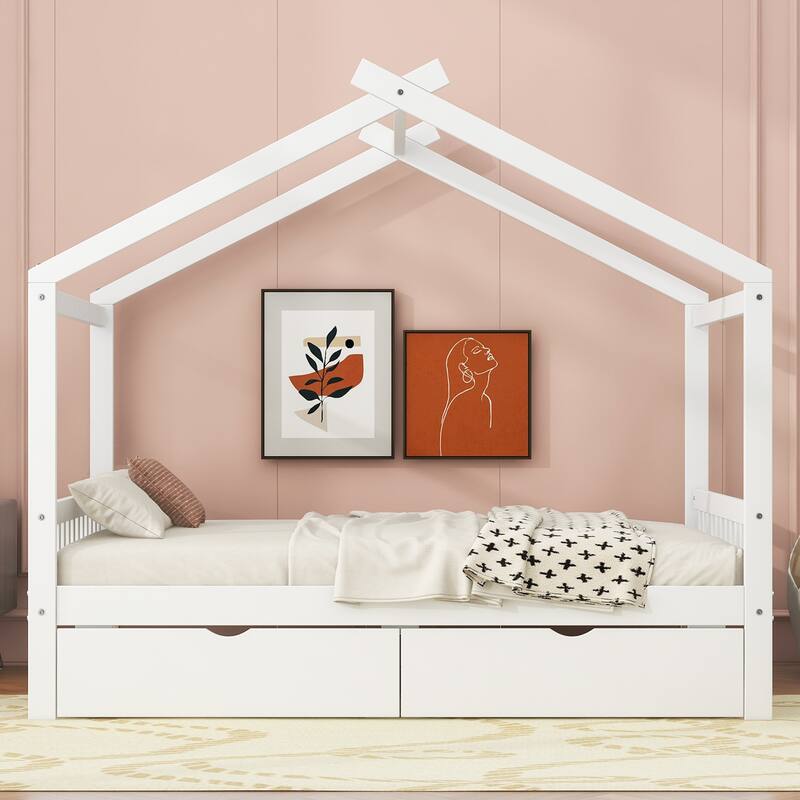 Full Size House Platform Bed with Drawers, Headboard, Footboard, and Roof Design in White