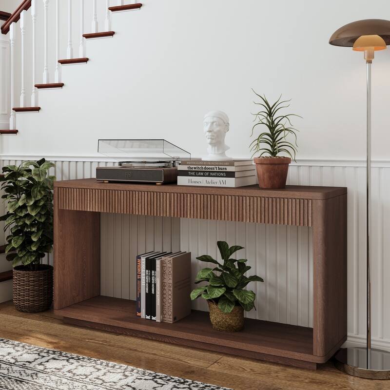 60" Modern 2-Drawer Fluted Natural Wood Veneer Console Table