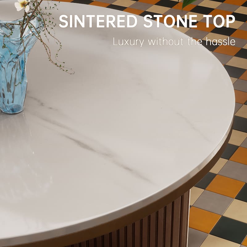 35" Round Coffee Table with Sintered Stone Top and Vertical-Groove Column Base for Living Room