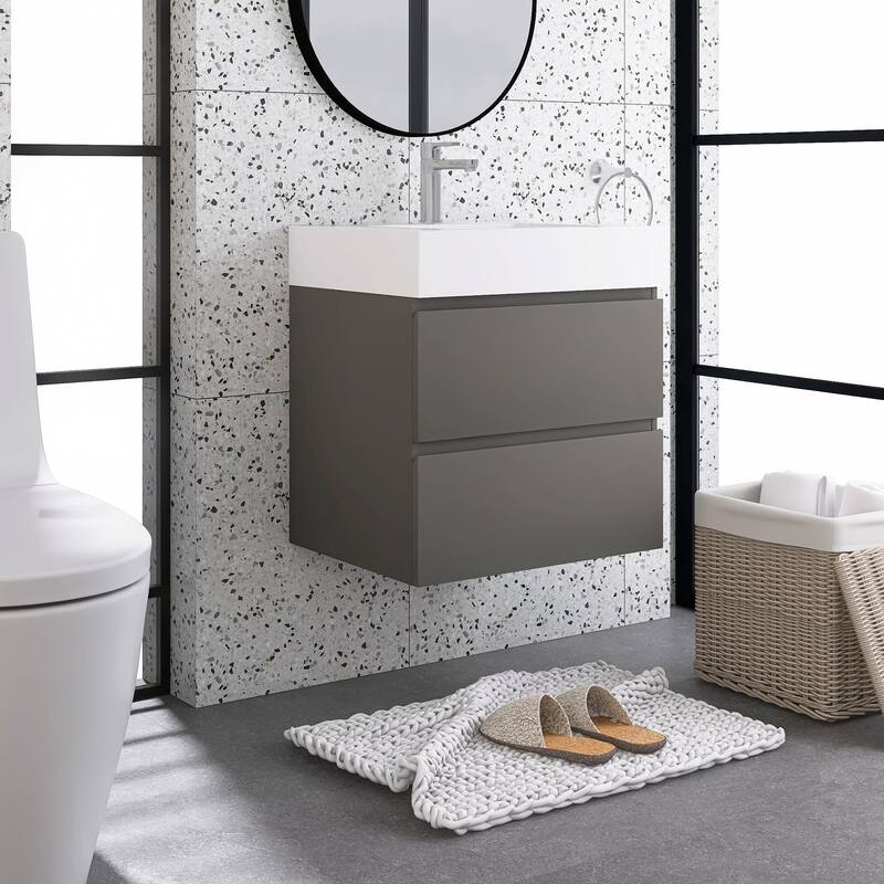 Wood Wall-Mounted Bathroom Vanity Set with White Integrated Resin Sink
