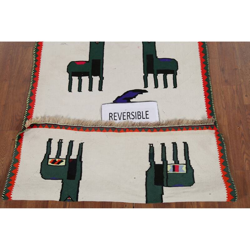 Animals Tribal Kilim Persian Vintage Foyer Rug Hand-Woven Wool Carpet - 2'10"x 4'3"