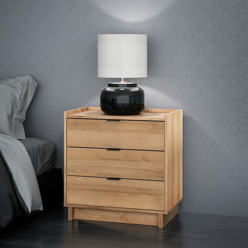 Prepac Simply Modern Nightstand Bedside Table, Natural Oak Nightstand for Bedroom, End Table with 3 Drawers