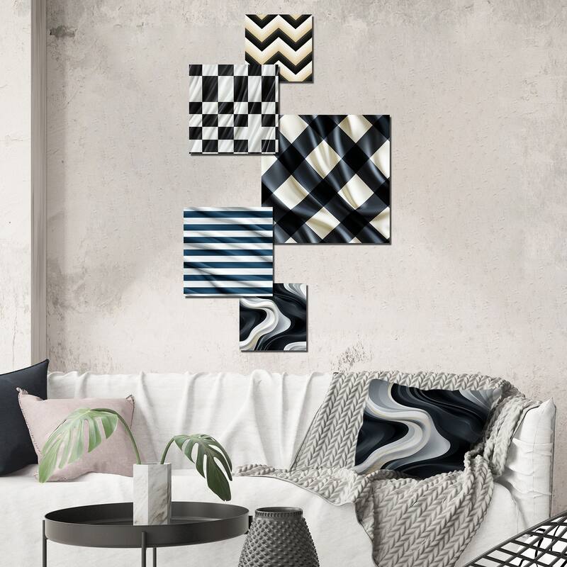 Designart "Monochromatic Chevron Motion I" Chevron Wall Art Set of 5 - Glam White Metal Art Living Room Set
