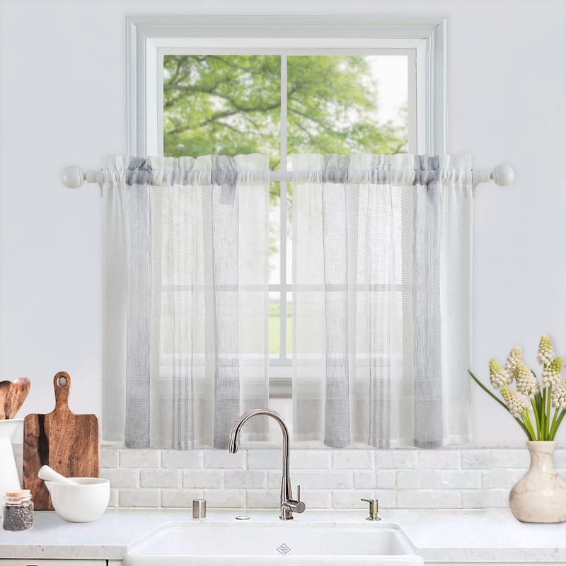 Vertical Stripe Linen Textured Voile Sheer Kitchen Tier Curtains - Light Grey - 54"Wx30"L