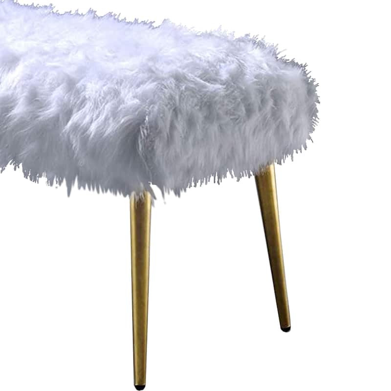 Modern Style Faux Upholstered Metal Bench with Tapered Legs, White and Gold