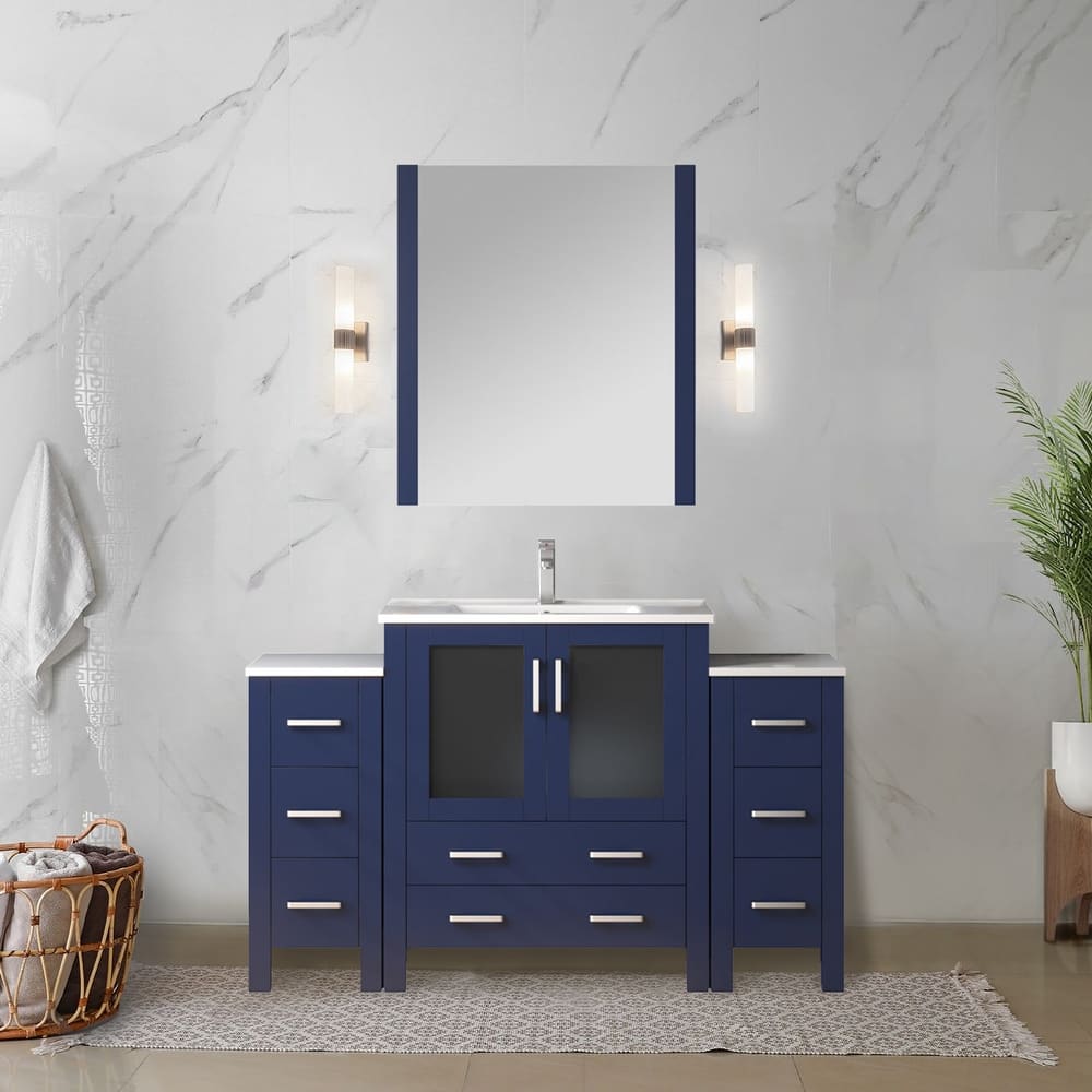 Volez 54 in W x 18.25 in D Dark Grey Bath Vanity with Side Cabinets, Faucet Set, White Ceramic Top, and 28 in Mirror