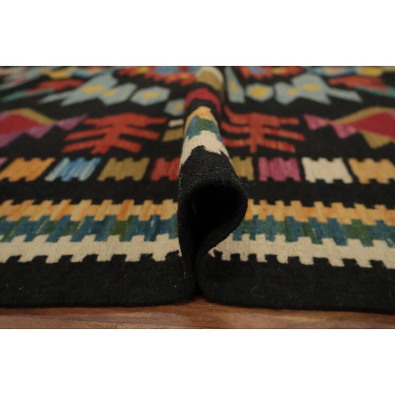Hand Woven Oriental 100% Wool Carpet Southwestern Tribal Black Kilim Area Rug - 9' 10'' X 6' 8''