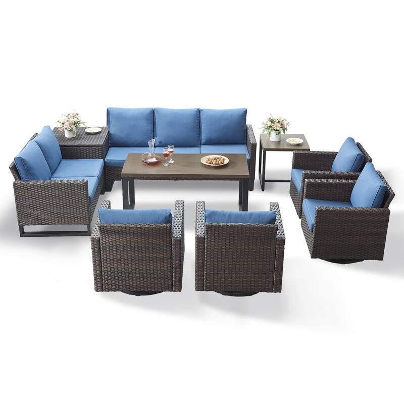 Gymojoy 9 Person Outdoor Courtyard Wicker Family Conversation Set Group With Swivel Chairs And Storage