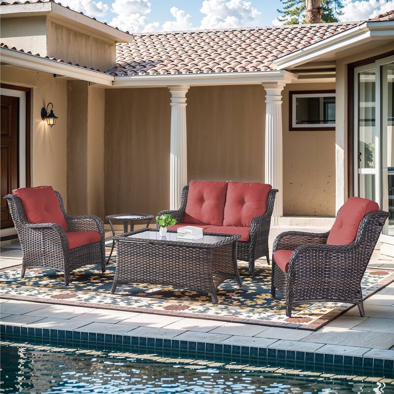 Outdoor Loveseat Sofa with Chair Ottoman Table - 5PCS - Sofa with Chair and Coffee Table - Brown Rattan - Red Cushion