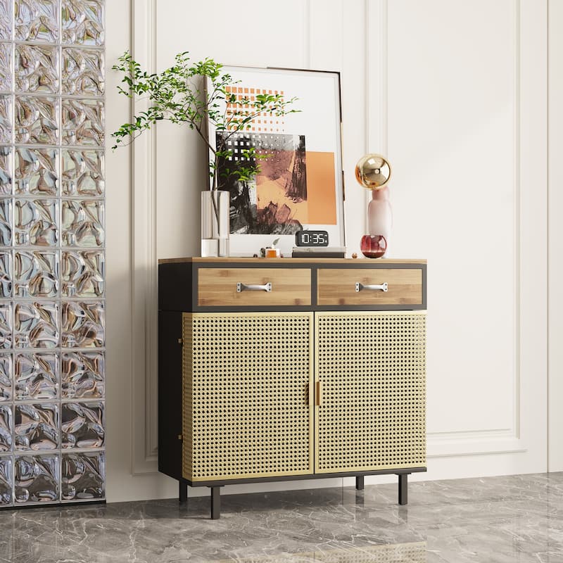 2 Drawer Wood Accent Storage Cabinet with Iron Grid Doors