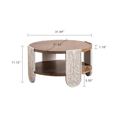 Carved Wooden Coffee Table Retro End Table with Double-Layer Storage