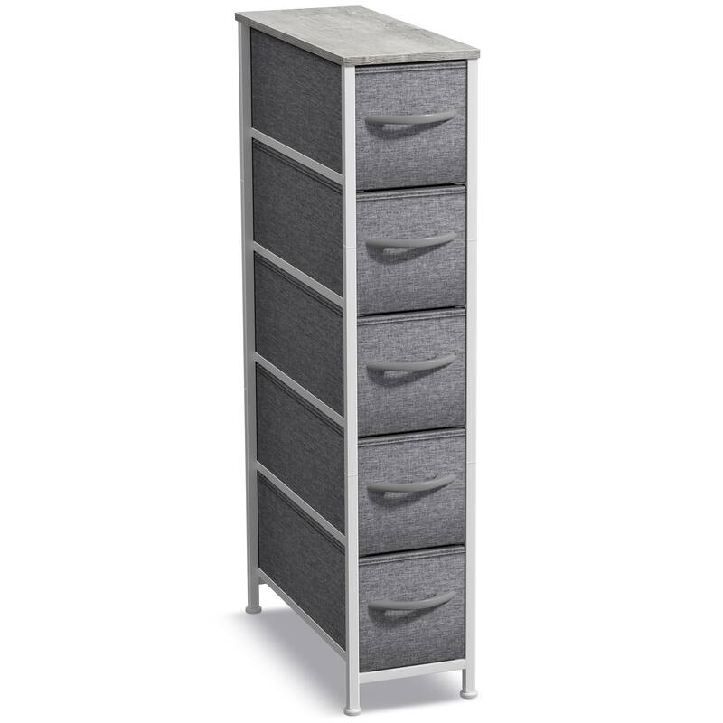 Sorbus Narrow Dresser with 5 Drawers - Vertical Slim Storage Chest of Drawers with Steel Frame, Wood Top & Easy Pull Fabric Bins - Grey