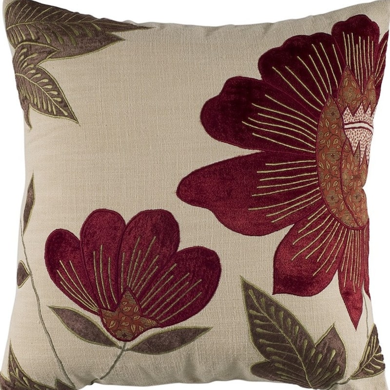 HomeRoots 18" Beige and Red Floral Throw Pillow With Embroidery