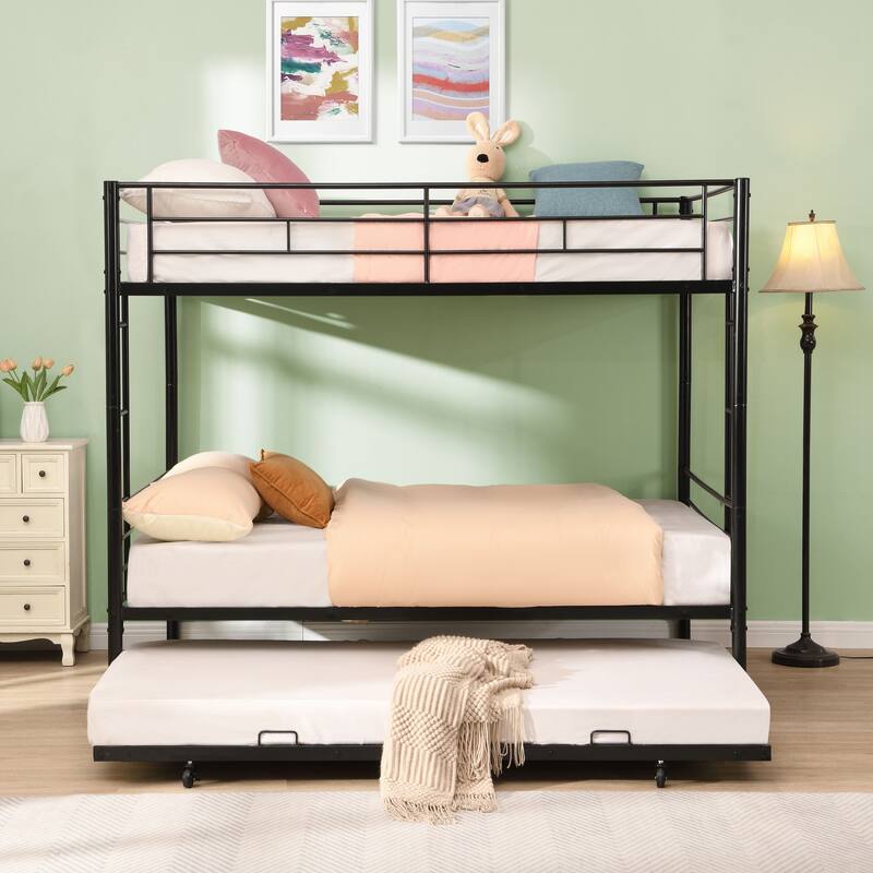 Full Over Full with trundle Metal Bunk Bed, No Box Spring Needed, Easy Assemble