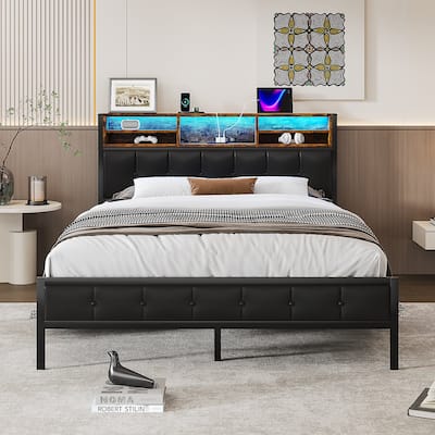 Javlergo Upholstered Platform Bed Frame with LED Lights and Storage Headboard, LED Bed Frame with Outlets and USB Ports