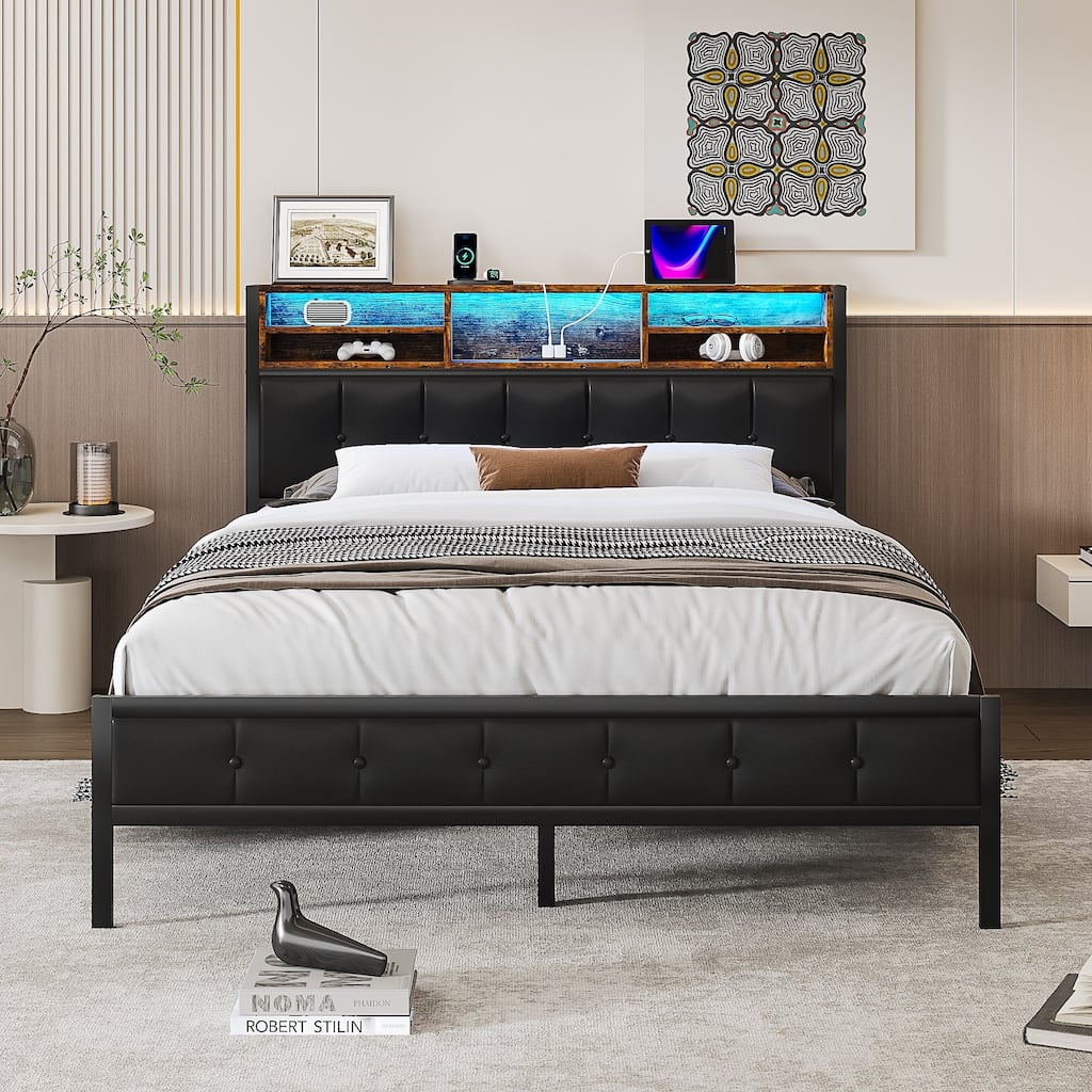 Javlergo Upholstered Platform Bed Frame with LED Lights and Storage Headboard, LED Bed Frame with Outlets and USB Ports