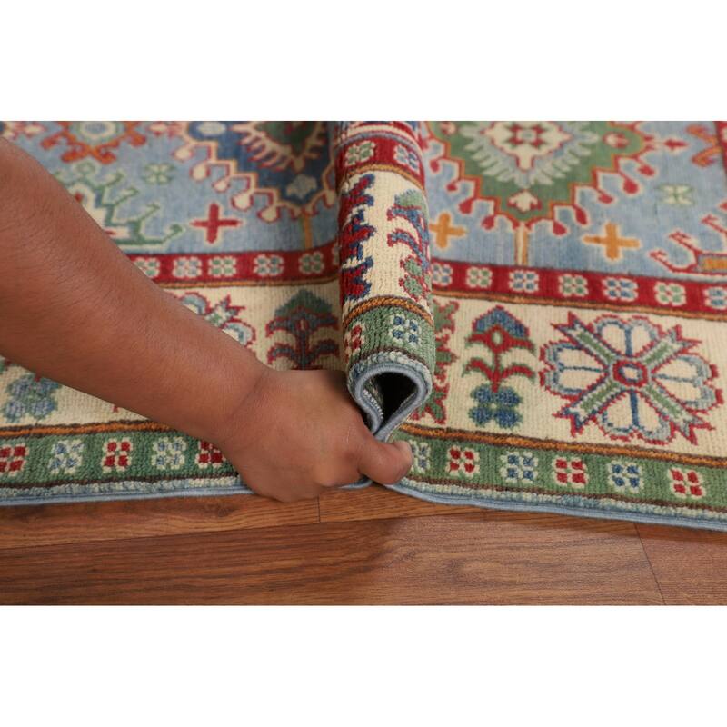 Light Blue Geometric Kazak Rug Living Room Hand-Knotted Wool Carpet - 5'0" x 6'7"