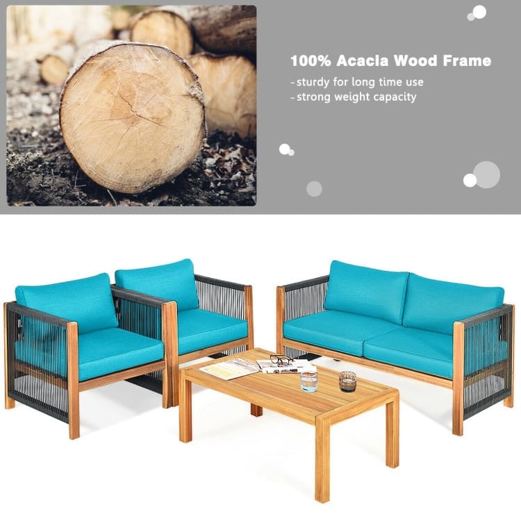 4 Pcs Acacia Wood Outdoor Patio Furniture Set with Cushions - 52" x 26" x 25" (L x W x H)