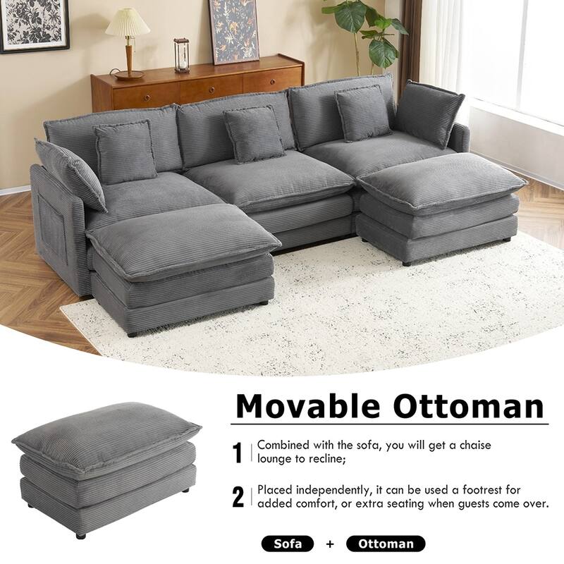 112.6" Corduroy L-Shape Sectional Sofa,Spacious Modular Design,Storage