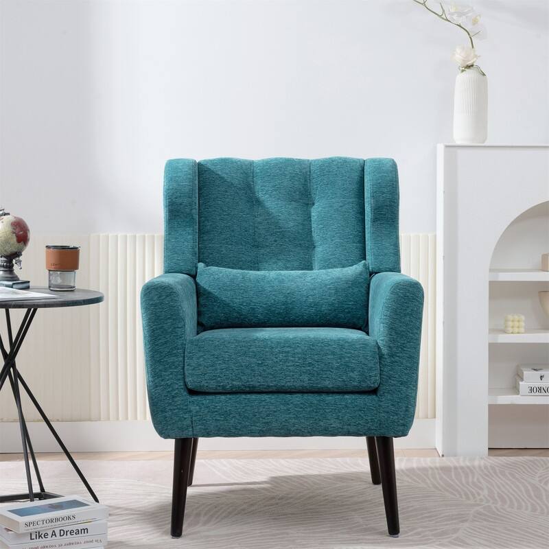 Modern Chenille Upholstered Armchair with Pillow and Solid Wood Leg - Teal