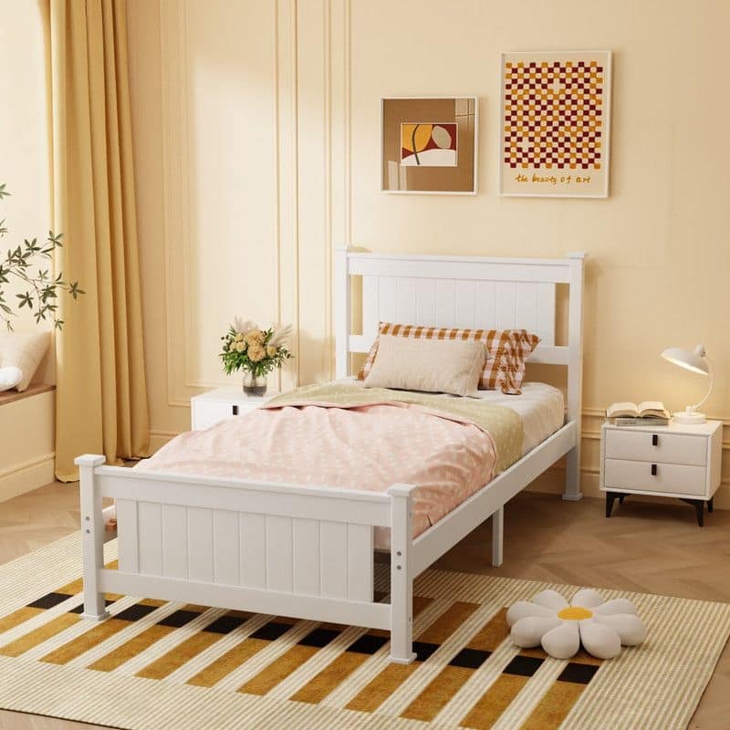 Wood Bed Frame Full Size Platform Bed with Headboard White