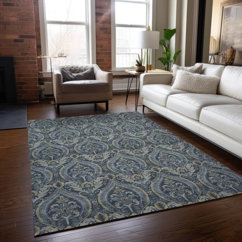 Machine Washable Indoor/ Outdoor Damask Chantille Rug - Blue - 5' x 7'6"