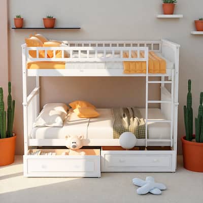 Full Over Full Convertible Bunk Bed with Storage Drawers, Guardrails and Solid Wood Frame, No Box Spring Required