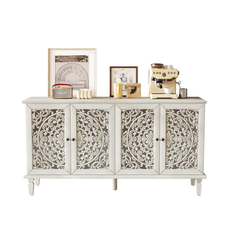 60" Antique Buffet Sideboard with Floral Carvings Solid Wood Legs and Adjustable Shelves for Versatile Storage