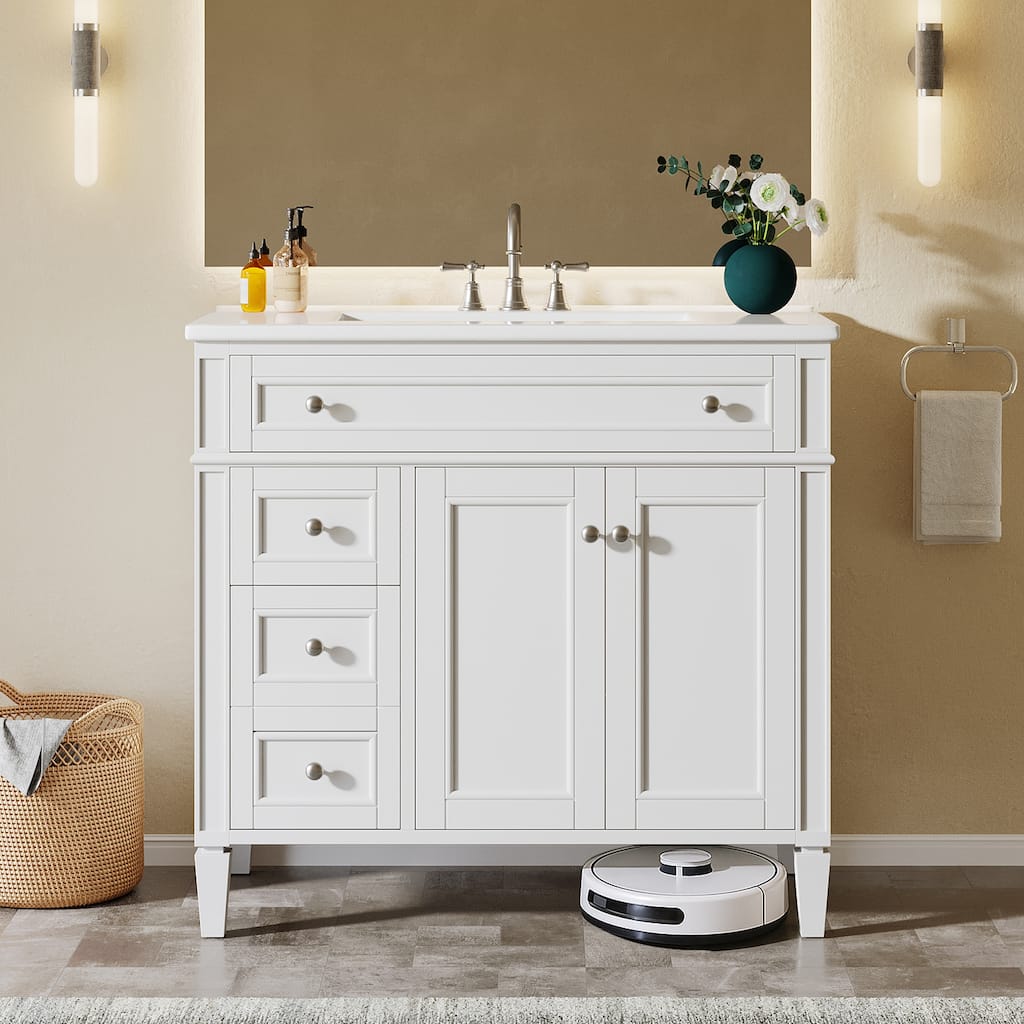 White Modern Wooden Bathroom Vanity with Basin, Floor Storage Cupboard
