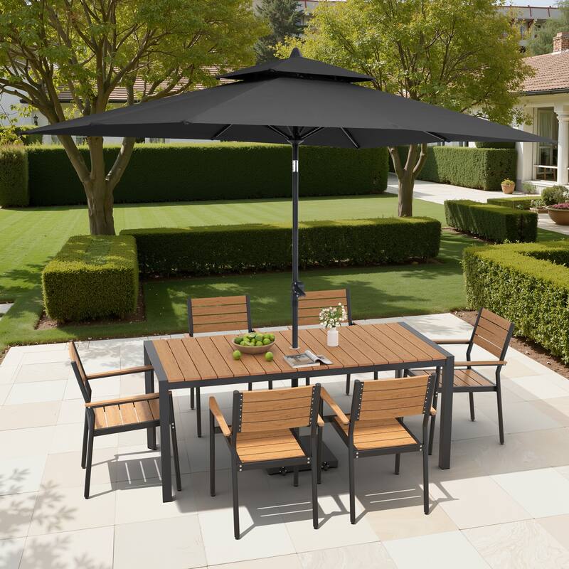 9/11-Piece Patio Dining Set Aluminum Dining Table and Chairs w/10 ft Market Umbrella and Base with Wheels - Set of 9 - Brown Table with Black Umbrella