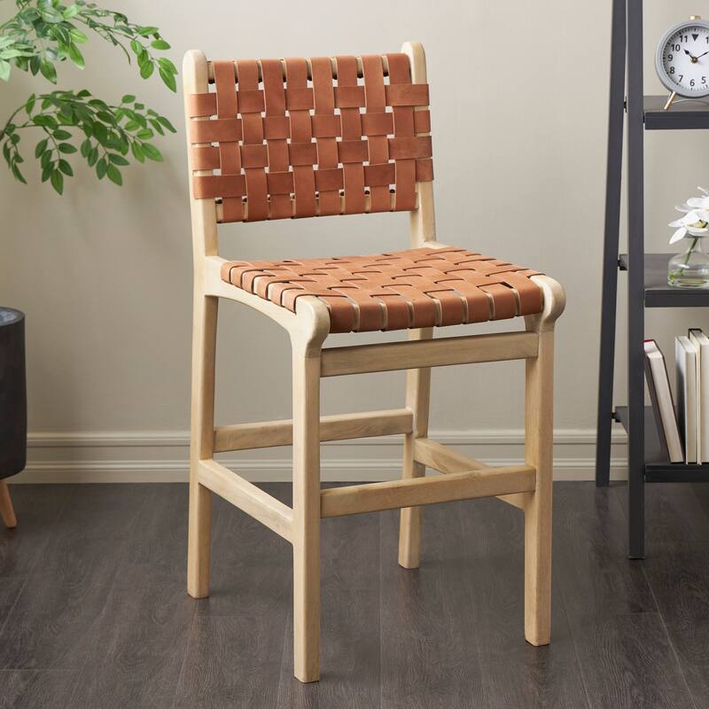 Brown Mango Wood Handmade Woven Bar Stool with Light Brown Wood Frame with Backrest and Footrest - Light Brown