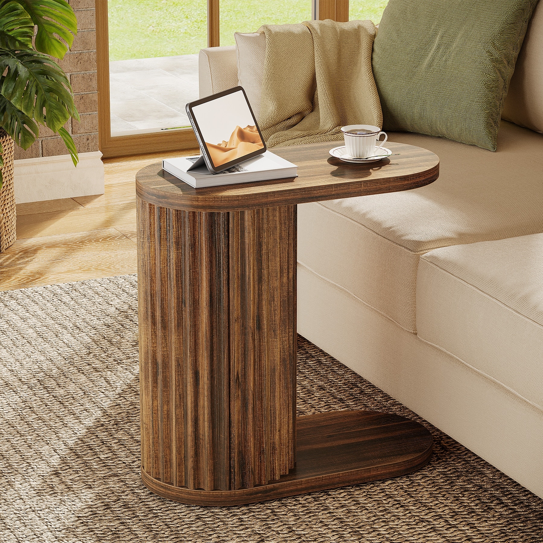 Modern C-Shaped End Table, Fluted Narrow Side Table