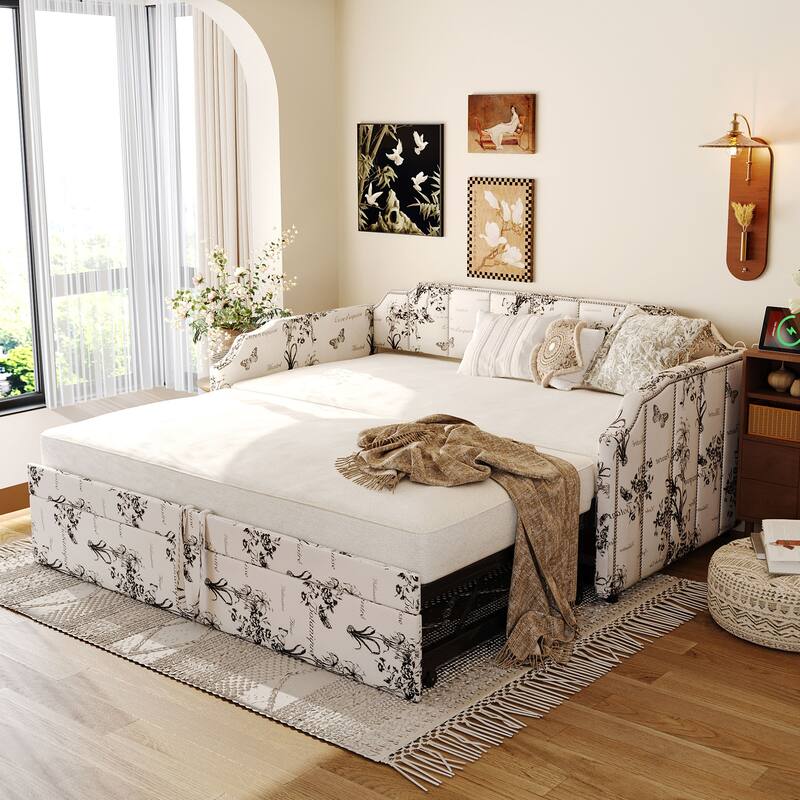 Twin Upholstered Daybed with Pop-Up Trundle, USB Charging Ports, Convertible Sofa Bed - White - Twin