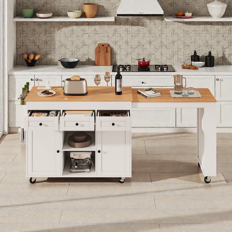 85.5" Extendable Kitchen Island with Dining Table, Rolling Storage Island with Power Outlet, Shelves, Drawers and Cabinets
